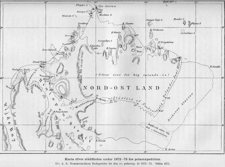 Karta öfver slädfärden under 1872-73 års polarexpedition.<bUr: <span class=