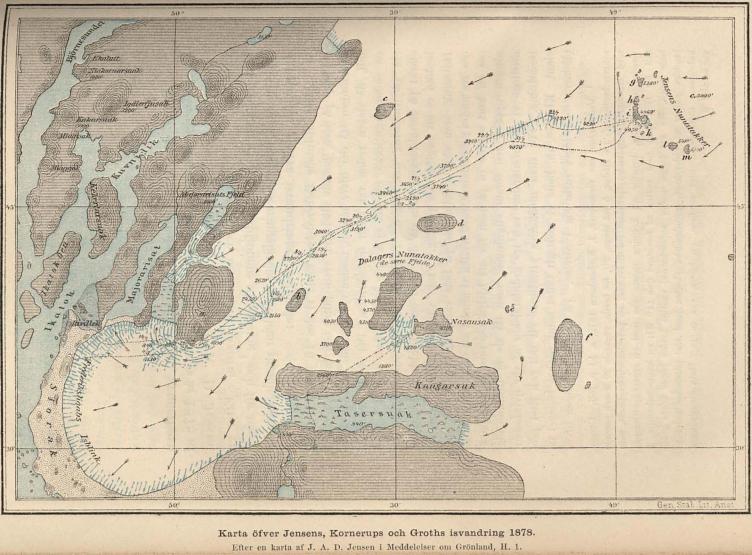 <smalIll. Gen. Stab. Lit. Anst.</smal<bKarta öfver Jensens, Kornerups och Groths isvandring 1878.<bEfter en karta af J. A. D. Jensen i Meddelser om Grönland, H. 1.