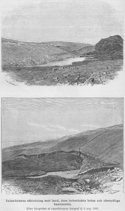 <smalIll. R. H.[=Haglund]                        W. MEYER, X. A.</smal<bInlandsisens afslutning mot land, dess lerbetäckta bräm och obetydliga kantmorän.<bEfter fotografier af expeditionens fotograf d. 6 aug. 1883.