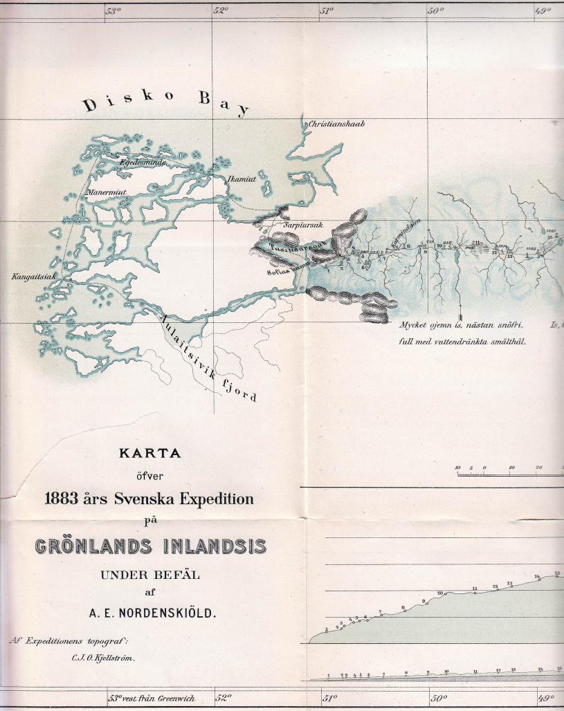 KARTA<böfver<b<bi1883 års Svenska Expedition</bi<bpå<b<biGRÖNLANDS INLANDSIS</bi<bUNDER BEFÄL<baf<bA. E. NORDENSKIÖLD.<b<bAf Expeditionens topograf:<b                        C. J. O. Kjellström.<b