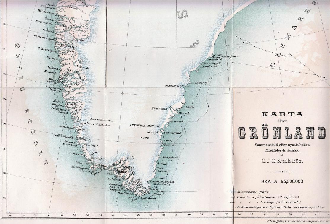 <smalIll. Fotolitografi, Generalstabens Litografiska Anst.</smal<bKARTA<böfver<b<biGRÖNLAND</bi<bSammanstäld efter nyaste källor,<bföreträdesvis danska,<baf<bC. J. O. Kjellström