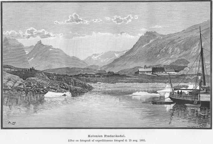 <smalIll. R. H.[=Haglund]                                        W. MEYER, X. A.</smal<bKolonien Frederiksdal.<bEfter en fotografi af expeditionens fotograf d. 29 aug. 1883.