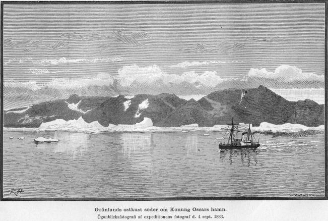<smalIll. R. H.[=Haglund]                                        W. MEYER, X. A.</smal<bGrönlands ostkust söder om Konung Oscars hamn.<bÖgonblicksfotografi af expeditionens fotograf d. 4 sept. 1883.
