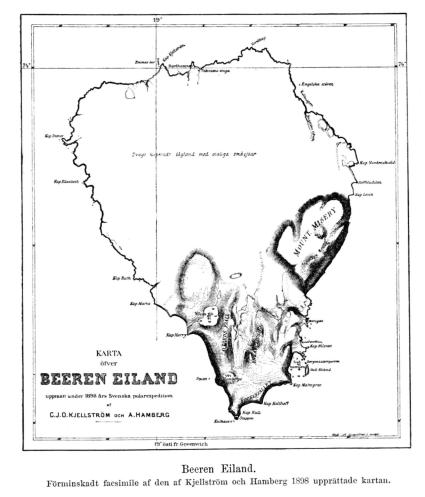 Beeren Eiland.<b<bFörminskadt facsimile af den af Kjellström och Hamberg 1898 upprättade kartan.