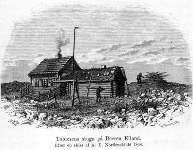 Tobiesens stuga på Beeren Eiland.<b<bEfter en skiss af A. E. Nordenskiöld 18G8.