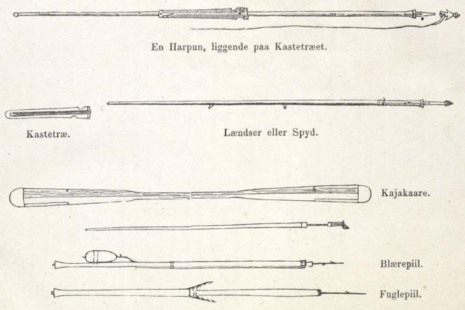 En Harpun, liggende paa Kastetræet.<bKastetræ.        Lændser eller Spyd.<bKajakaare.<bBlærepiil.<bFuglepiil.