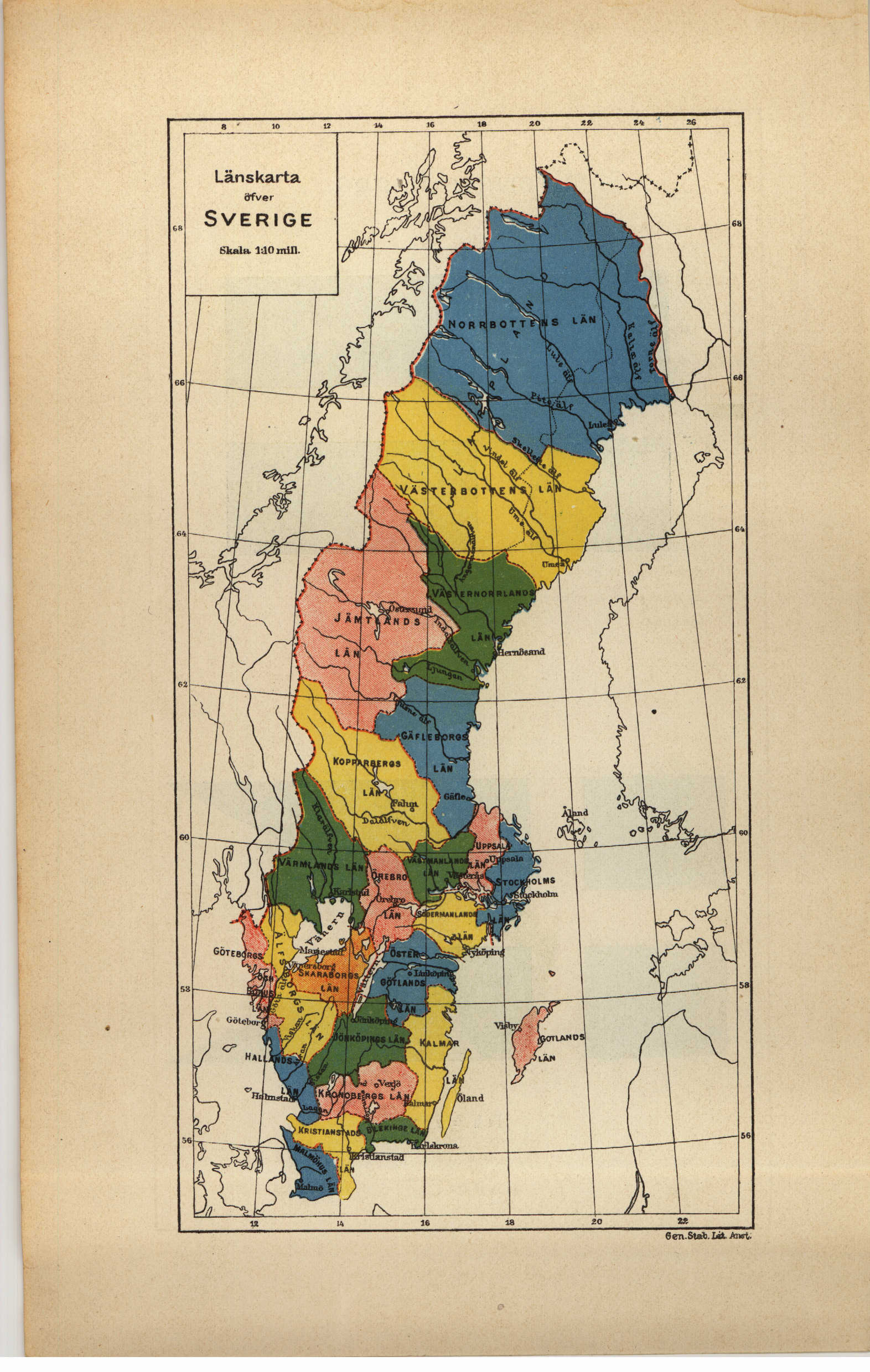 Länskarta öfver Sverige (Svensk rikskalender / 1908)