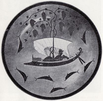 Dionysos i sitt fartyg. Av Exekias, c:a 550 f. Kr., nu i<bantiksamlingen i München.