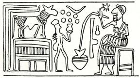 "Rusdrycken vart helig". På detta kappadokiska sigillavtryck<bt. v. offras vin till tjurgud; t. h. präst drickande vin genom<bsugrör.<b<bUr Evans, The Palace of Minos at Knossos, III. 1930. "Rusdrycken vart helig". På detta kappadokiska sigillavtryck<bt. v. offras vin till tjurgud; t. h. präst drickande vin genom<bsugrör.<b<bUr Evans, The Palace of Minos at Knossos, III. 1930.