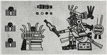 "Endast vid eldguden Xiuhtecutli’s fest var det sed att alla<bvoro druckna..." Ur CODEX FEJERVARYMAYER, City<bof Liverpool Museum.