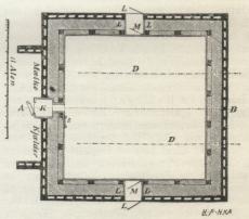 Fig 2.<bIshus til c. 480 m<su3</su Is, bygget sammen med en<bMælkekælder. Fig. 1 er Snit AB i Fig. 2. Den indvendige<bBeklædning er af pløjede og ferniserede Brædder.<bD angiver Drænledningens Beliggenhed. M er<bLemme til Isfyldning, L er Lemme til Fornyelsen af<bHakkelsen, v Vindue; T angiver Tørvejord, H Hakkelse.<bDøre og Lemme gøres saa tætte som muligt ved<bpaasømmede Klædelister.