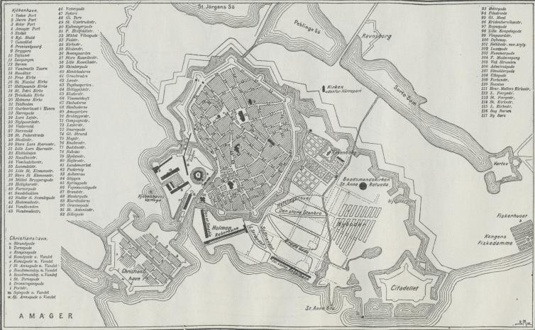 Kjøbenhavn ved Midten af 17. Aarh. (De stiplede Linier antyder Gaderne, som de endelig blev udlagt i den nye By).