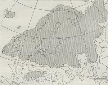 Fig. 1. Kort over den europæiske Indlandsis under dens største Udbredelse<b(efter De Geer).