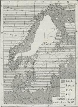 Fig. 3. Fordelingen af Land og Vand i den senglaciale Tid<b(efter De Geer).