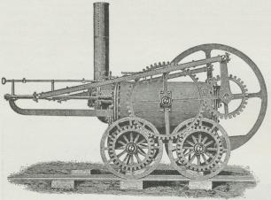 Fig. 9. Trevithicks Svinghjulslokomotiv, 1803—04; ældste Lokomotiv<bfor Jernbaner.