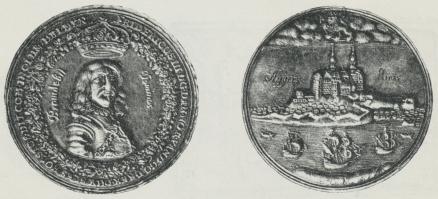 5 a og 5 b. Akershusmedaillen 1648, i Anledning af Frederik III’s Hyldning i Norge.<b(Johan v. Rieger, Fændrik.)