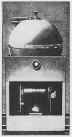 Fig. 1. Mekanisk selvvirkende<bStødmine med Ankerstol,<bindeholdende Tromle med<bAnkertov, Dybderegulator og Lod.