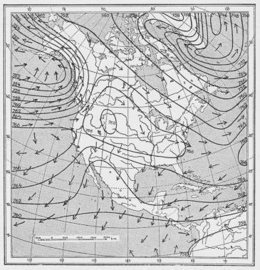 Fig. 3. Isobarer og fremherskende Vinde i Nordamerika i Januar. (M. Vahl).