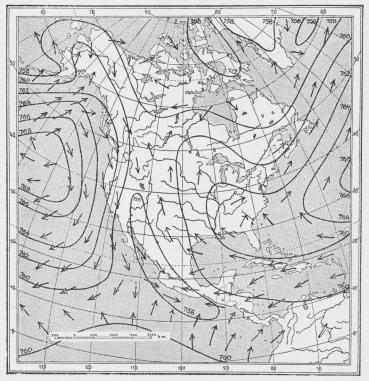 Fig. 4. Isobarer og fremherskende Vinde i Nordamerika i Juli. (M. Vahl).