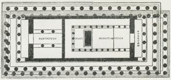 Fig. 1. Perikles’ Parthenon samt (nedad og tilhøjre) Omrids af det ældre Tempel.