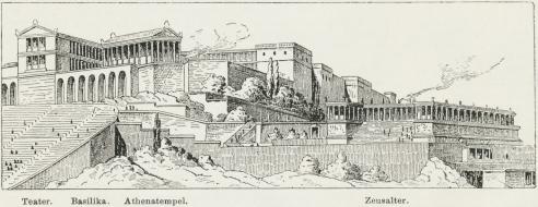 Teater. Basilika. Athenatempel. Zeusalter.<bFig. 2. Pergamon. En Del af Borgen. Rekonstr. Berlin.