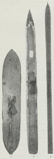 Fig. 2. 1 Ski fra det mellemste Sibirien (skindklædt).<b2 Ski fra Petschora, Rusland (skindklædt).<b3 Norsk Terrainski i vore Dage.