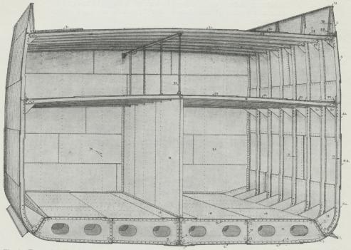 Fig. 6. Tværsnit i Handelsdamper. 1 Kølplade. 2 Bundplade. 3 Kimmingsplade. 4 a Klædningsplader<b(Inderligger). 4 b Klædningsplader (Yderligger). 5 Barkholtsrang. 6 Skandseklædning. 7 Slingrekøl.<b8 Centerkøl. 9 Kølvinkler. 10 Indskudsplade (Intercostal). 11 Tankside med Tanksidevinkel. 12 Tanksideknæ.<b13 Bundstokplader med Mandehuller. 14 Bundspanter. 15 Kontraspanter paa Bundstokke.<b16 Tanktopplader. 17 Spant. 18 Langskibs Skod. 19 Hoveddæksbjælker. 20 Hoveddæksbjælkeknæ. 21<bHoveddæksstringerplade. 22 Hoveddæksstringervinkel. 23 Hoveddæksplader. 24 Støtter. 25 Bjælkedrager over Støtter. 26<bØverste Dæksbjælker. 27 Øverste Dæksbjælkeknæ. 28 Øverste Dæksstringerplade. 29 Øverste<bDæksstringervinkel. 30 Øverste Dæksplader. 31 Planker paa øverste Dæk. 32 Rælingsjærn. 33 Septere for<bSkanseklædning. 34 Tværskibs Skod. 35 Nagler i Skodstivere.
