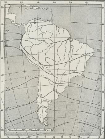 Fig. 1. Isotermer for Juli i Sydamerika. (M. Vahl).