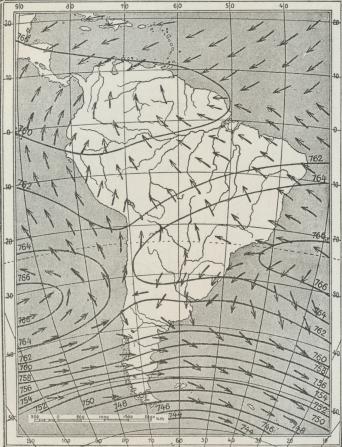 Fig. 3. Isobarer og Vinde i Sydamerika i Juli. (M. Vahl).