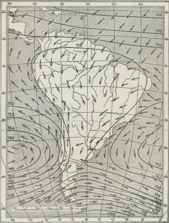 Fig. 4. Isobarer og Vinde i Sydamerika i Januar. (M. Vahl).