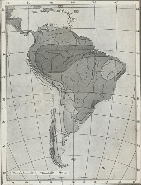 Fig. 5. Sydamerikas aarlige Nedbør. (M. Vahl).