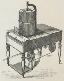Fig. 1. Chr. Sørensen’s Sætte- og Aflæggemaskine<b»Tacheotyp«. Forneden Typer med de spec. Signaturer.