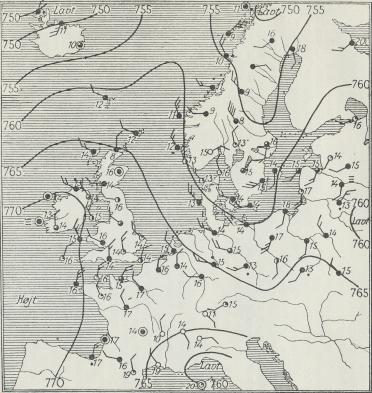 Fig. 1. Vejrkort, der udviser typisk varmt Sommervejr over Danmark<b(Lørdag den 11. Juli 1925, Kl. 8 Morgen).