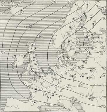 Fig. 2. Vejrkort med en typisk Anticyklon, der bringer koldt Vejr til Danmark<b(Tirsdag den 12. Januar 1926, Kl. 8 Morgen).