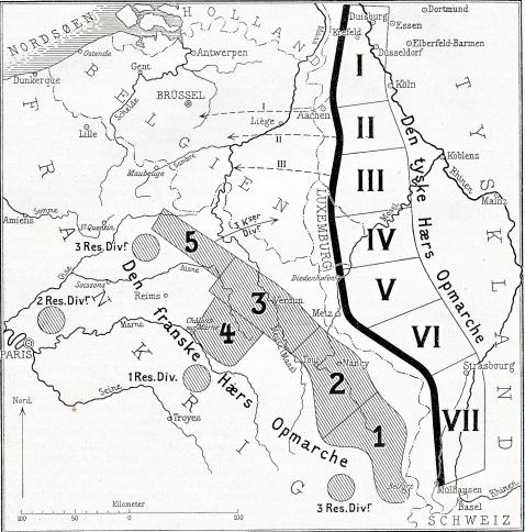 Skitse 1. Den tyske og den franske Hærs Opmarche i August 1914.