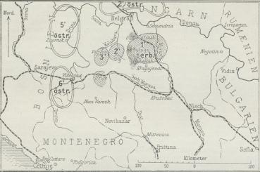 Skitse 9. Den østerrigske og den serbiske Opmarche paa den sydøstlige<bKrigsskueplads i August 1914.