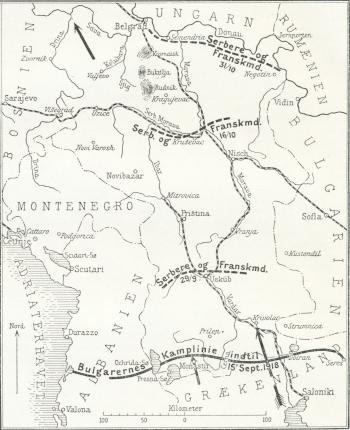 Skitse 17. Østerrigernes, Tyskernes og Bulgarernes Indtrængen i Serbien 1915.