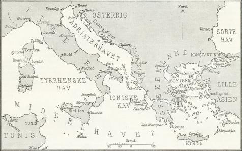 Fig. 3. Skitse af Kampomraadet i Middelhavets østlige Del.