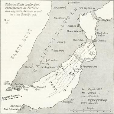 Fig. 8. Skitse af Dardanellerne ved Flaadeangrebet den 18. Marts 1915.