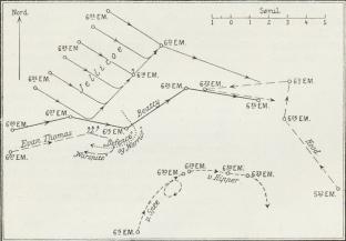 Fig. 12. Jyllandsslaget den 31. Maj 1916. Skitse af Kampen under den<bengelske Slagskibsflaades Deployering (3. og Begyndelsen af 4. Afsnit).