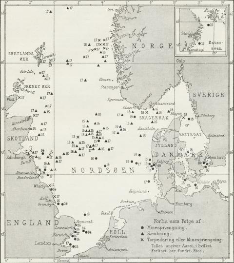 Fig. 18. Krigsforliste danske Skibe i Nordsøen og Østersøen i Aarene 1914—18.