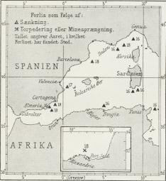 Fig. 20. Krigsforliste danske Skibe i Middelhavet<bi Aarene 1914—18. Fig. 20. Krigsforliste danske Skibe i Middelhavet<bi Aarene 1914—18.