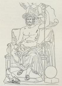 Fig. 3. Zeus kranset af Nike. I højre Haand<bTordenkilen. Til venstre Verdenskuglen, ved Fødderne<bØrnen. Vægmaleri.