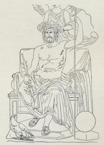 Fig. 3. Zeus kranset af Nike. I højre Haand<bTordenkilen. Til venstre Verdenskuglen, ved Fødderne<bØrnen. Vægmaleri.