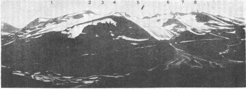 Fig. 44. Från östra delen av Skanatjåkko mot bergen på södra sidan Kukkesvagge. 1 arvatjåkko,<b2 Vuoinestjåkko, 3 Vuoinesglaciären, 4 Spikakammen, 5 Buchtglaciären, 6 Buchtkammen. 7 Östra Sarekglaciären,<b8 Sarektjåkko.                        A. H. 14 aug. 1896.