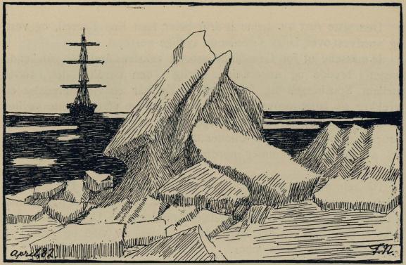 <smalIll. april 82. F. N.[=Fridtjof Nansen]</smal<bKoss av sammenstuvet is. April 1882.
