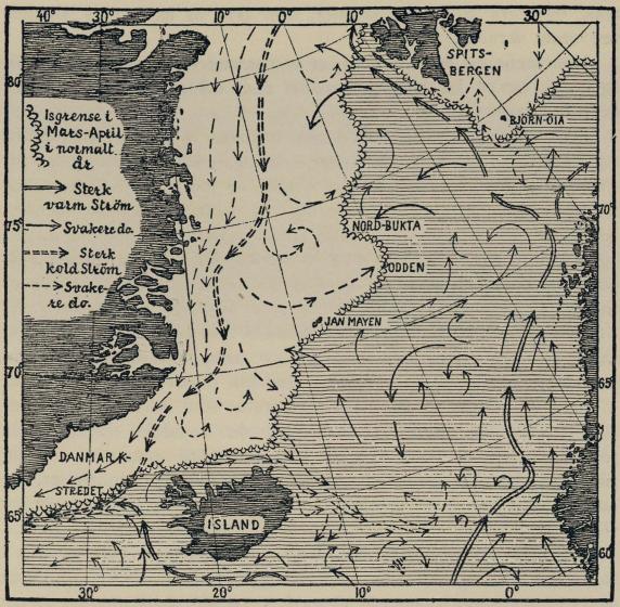 Strømmene i Det Norske Hav, og isens almindelige utstrekning i mars og april.