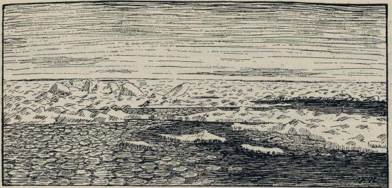<smalIll. F.N.[=Fridtjof Nansen]-82</smal<bKlare i drivisen, hvor „tallerken-is“ holler på å danne sig. Skisse 28. mars 1882.