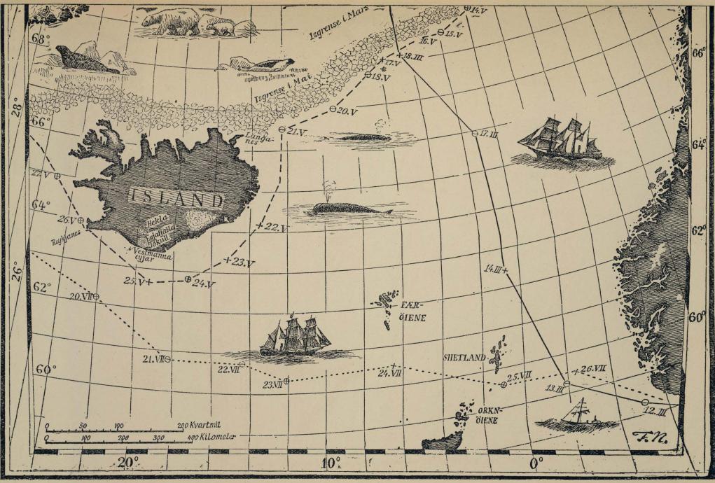 <smalIll. F. N.(=Fridtjof Nansen]</smal<b„Viking“s reise i Norske-Havet og Nord-Atlanteren 12. mars—26 juli 1882.