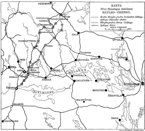  28. Karta öfver föreslagen statsbana Krylbo-Örebro.